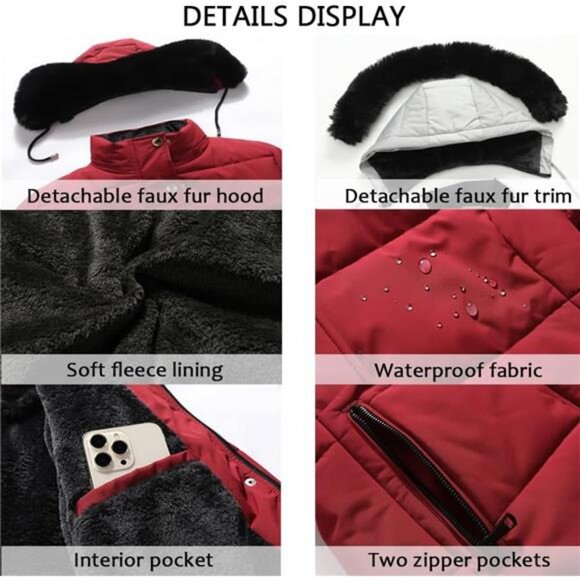 Women's Winter Puffer Coat Jacket Waterproof Red - Picture 5 of 6
